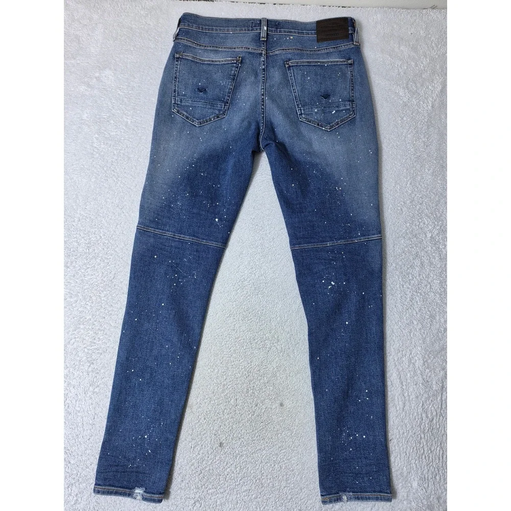 Hudson Zack Skinny Mens 33 Jeans Blue Paint Splatter Distressed Articulated Knee
